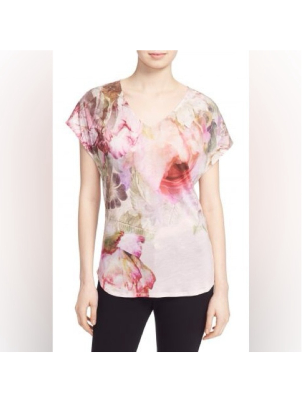 Ted Baker Baker Garden Pink Floral V-Neck Short Sleeve Top Size 2 Oversized